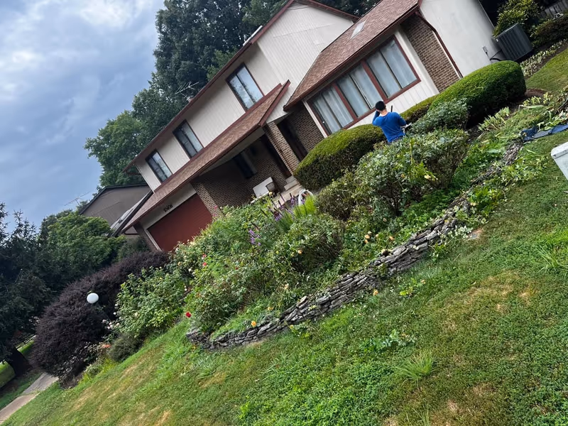 Terraced planting beds and shrubs on a steep sloped front yard